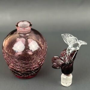 Perfume bottle with hummingbird and flower stopper. Blown glass. Vintage.